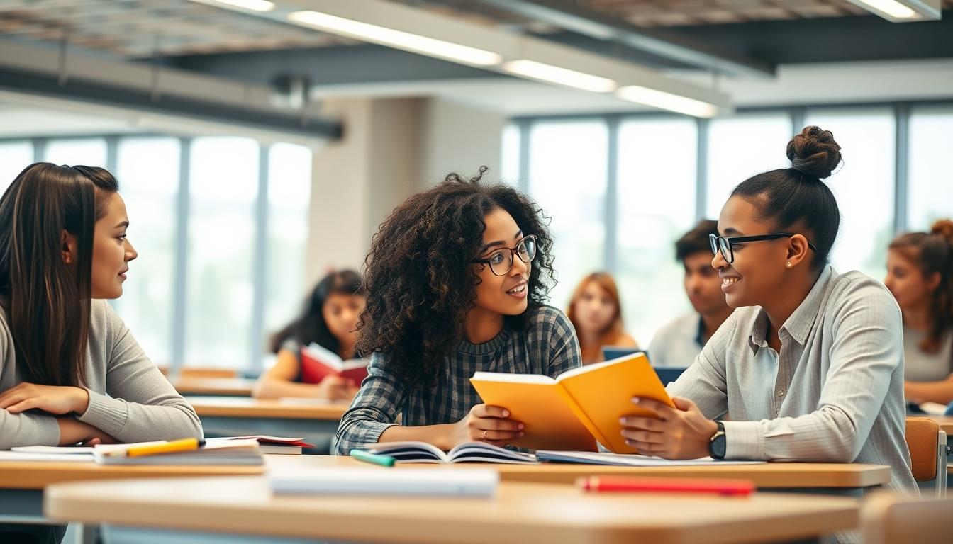 Students studying together in modern classroom